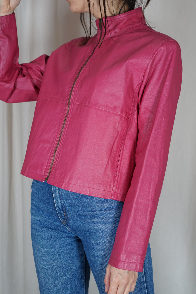 Magnifique Veste Vintage Fuschia en Cuir véritable - PIECE RARE - T. 34 & 36