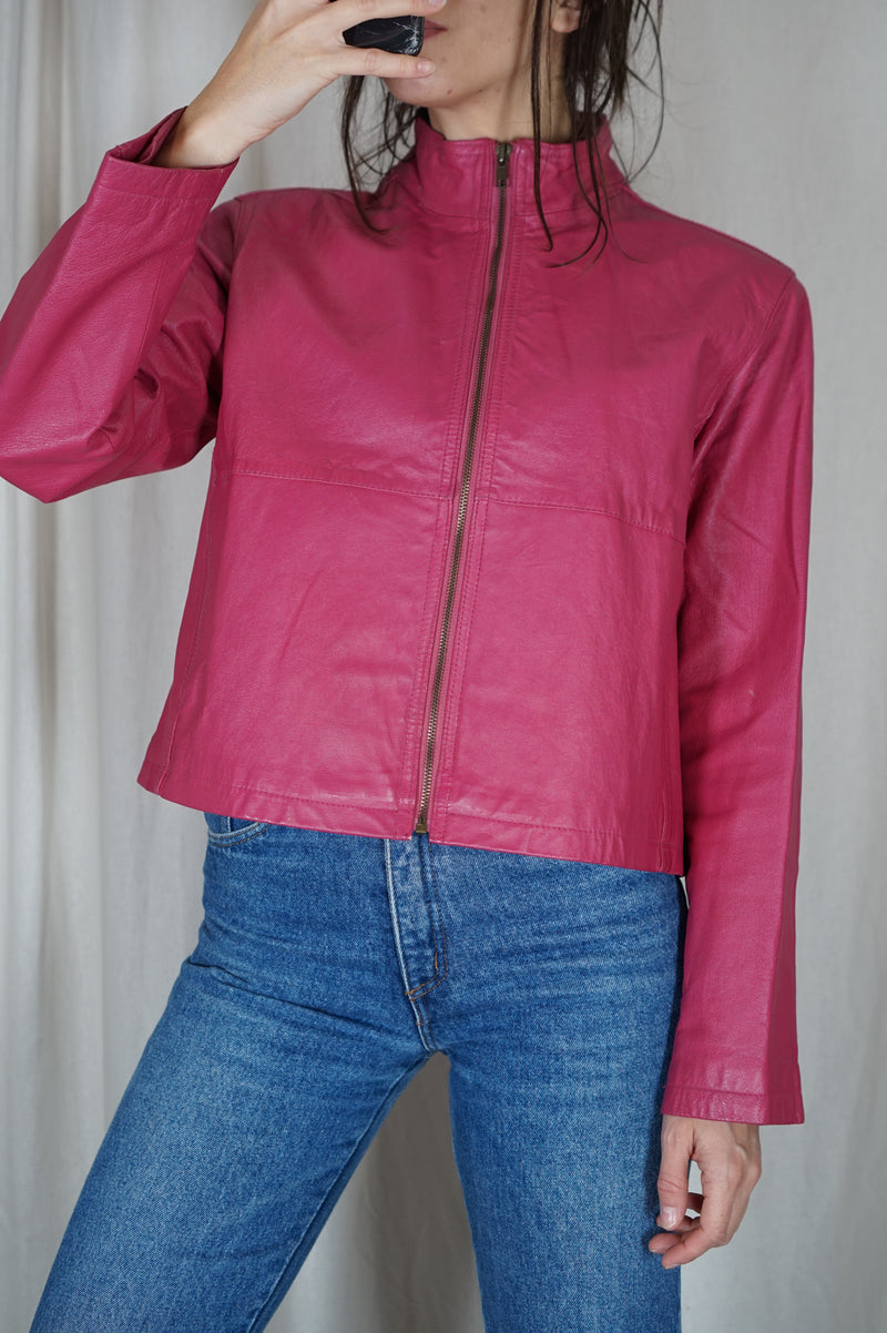 Magnifique Veste Vintage Fuschia en Cuir véritable - PIECE RARE - T. 34 & 36