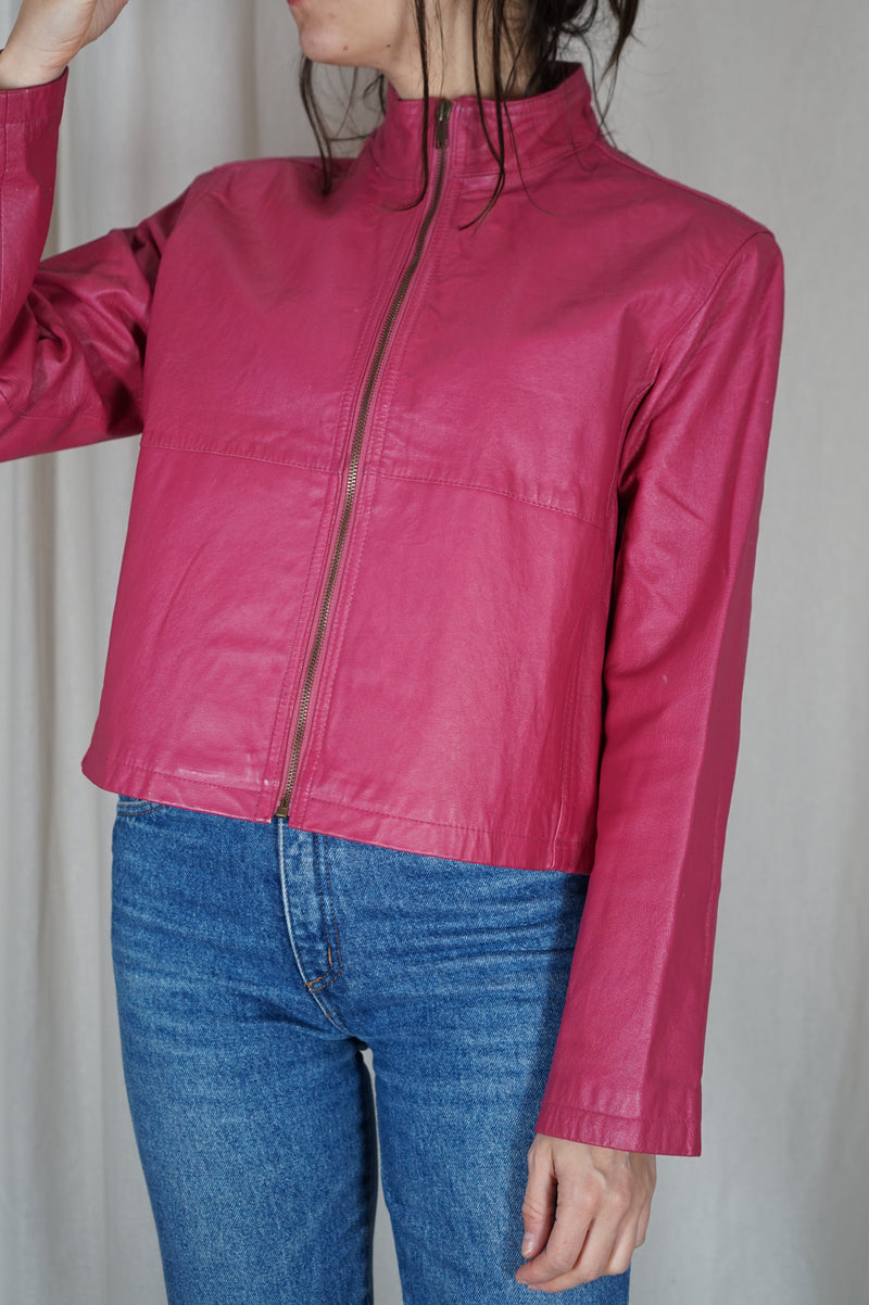 Magnifique Veste Vintage Fuschia en Cuir véritable - PIECE RARE - T. 34 & 36