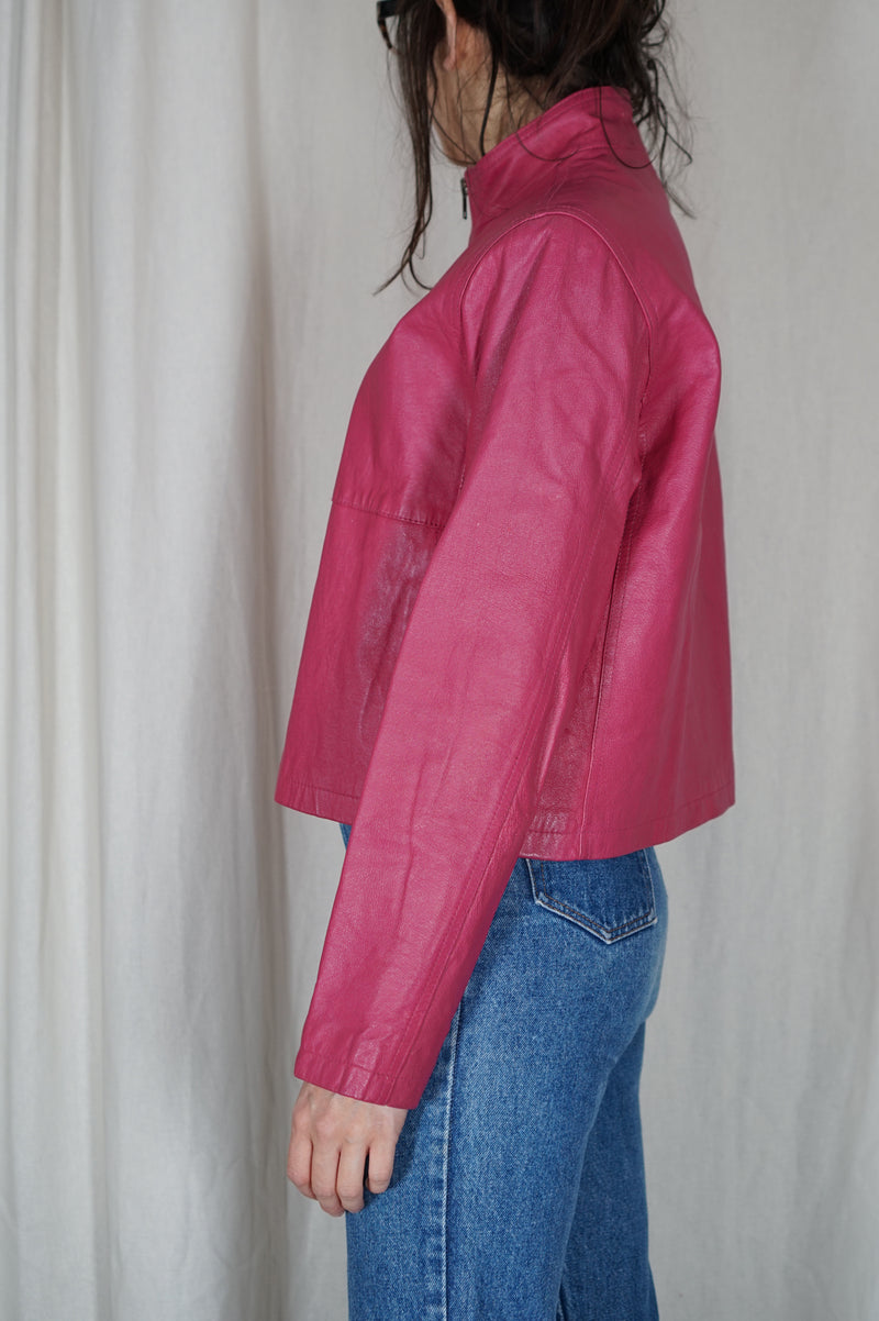 Magnifique Veste Vintage Fuschia en Cuir véritable - PIECE RARE - T. 34 & 36