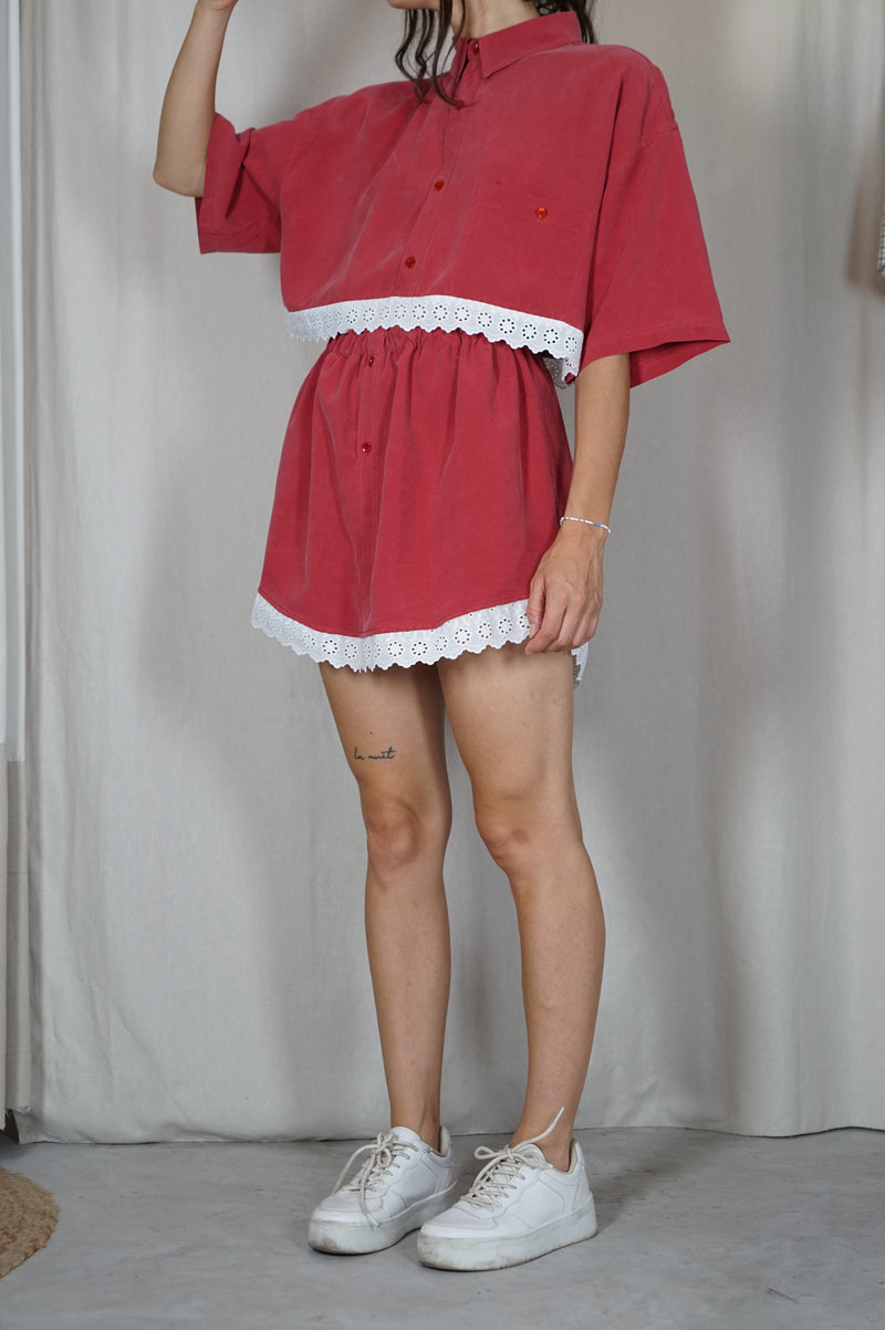 L'Ensemble Chemise Framboise 100% Soie - Pièce unique faut le voir porté © - Soie & Dentelle - T. 36 à 40 - Max recommandé 1m65