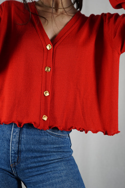 Cardigan upcyclé Coquelicot à boutons dorés - Pièce Unique faut le voir porté - Laine Mérinos- T. 40 à 44