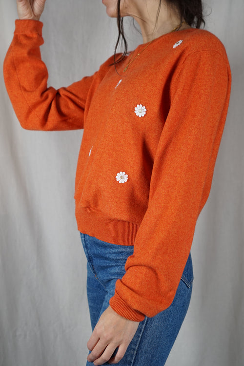 Pull Mandarine chiné Upcyclé Fleuri - Pièce Unique faut le voir porté - 100% Cachemire - T. 36 à 40