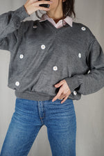 Pull Gris chiné Upcyclé Fleuri - Pièce Unique faut le voir porté - Laine - T. 40 au 44