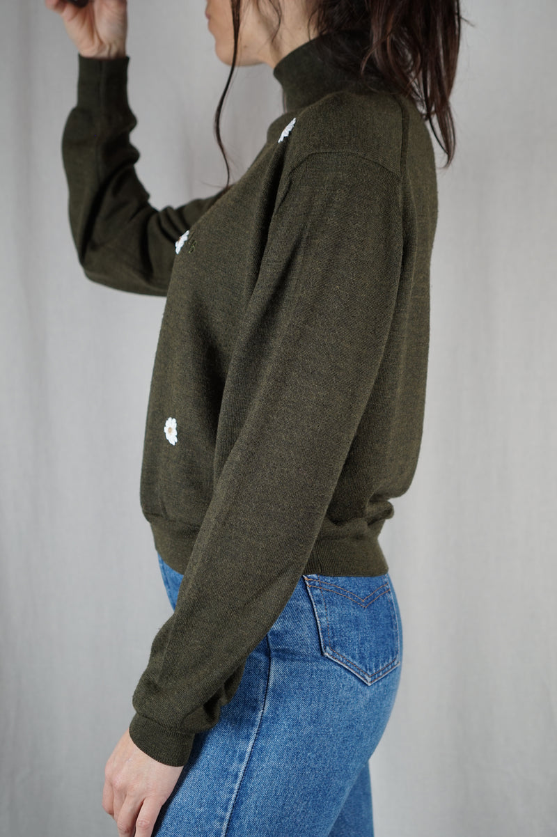 Pull Vert Pickle chiné Upcyclé Fleuri - Pièce Unique faut le voir porté - Laine Mérinos - T. 34 à 38