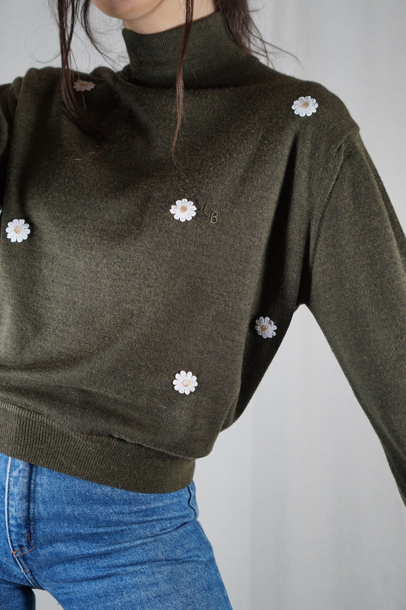 Pull Vert Pickle chiné Upcyclé Fleuri - Pièce Unique faut le voir porté - Laine Mérinos - T. 34 à 38