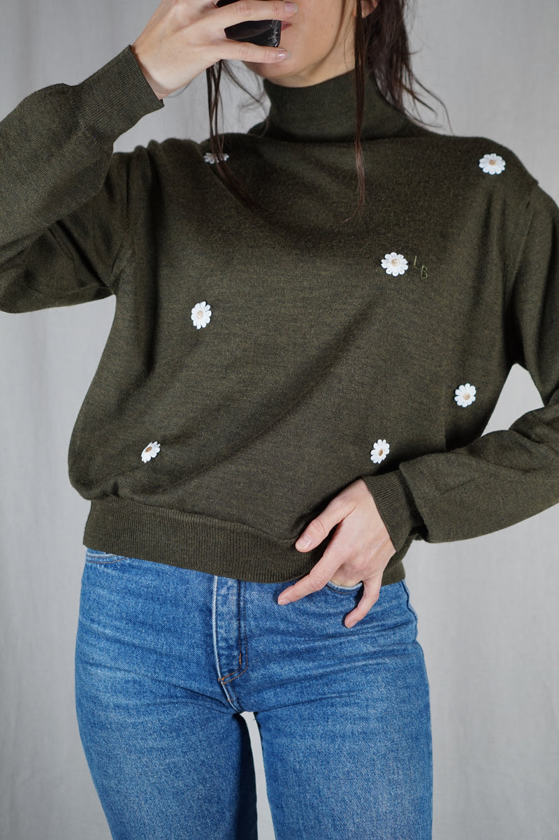 Pull Vert Pickle chiné Upcyclé Fleuri - Pièce Unique faut le voir porté - Laine Mérinos - T. 34 à 38