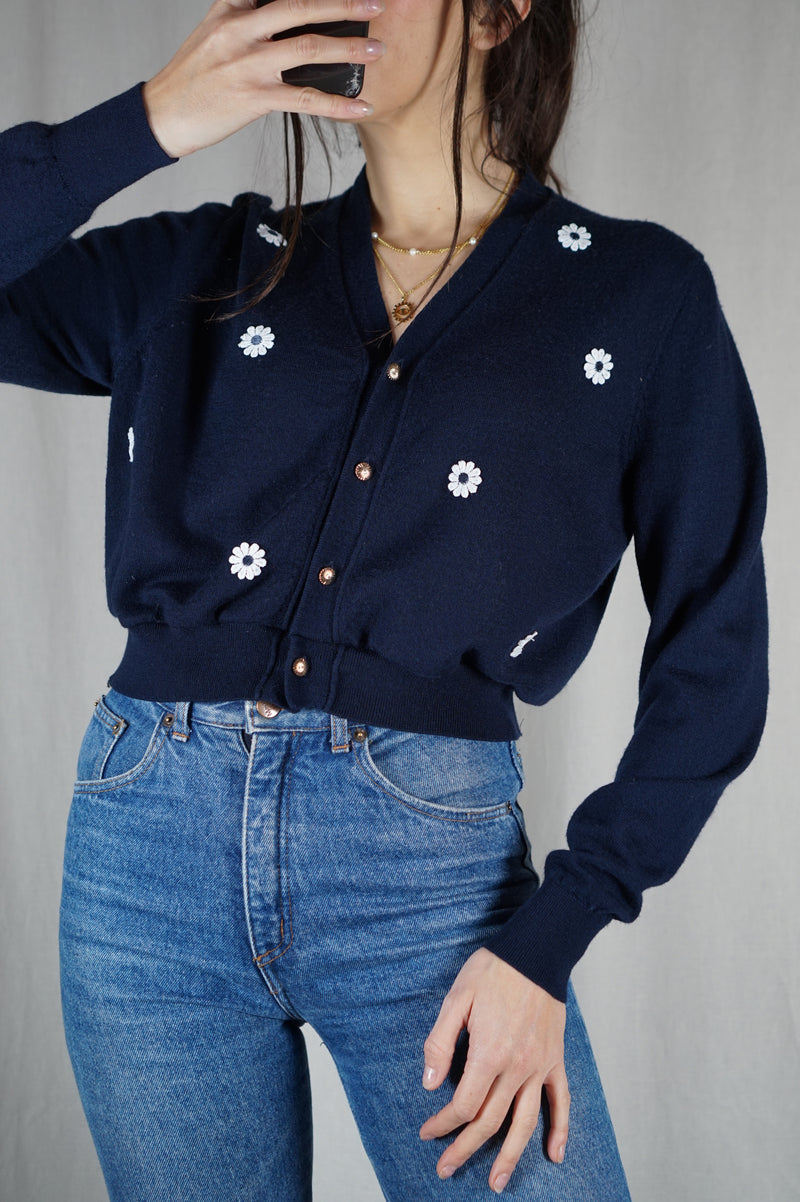 Cardigan Marine Upcyclé Fleuri - Pièce Unique faut le voir porté - Laine - T. 34 à 38