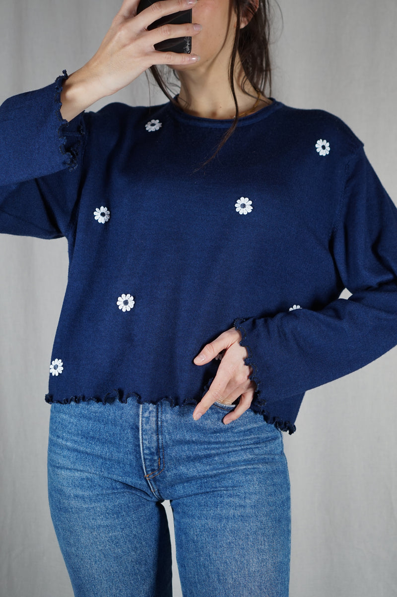 Pull Marine fleuri Upcyclé - Pièce Unique faut le voir porté - T. 40 à 44/46