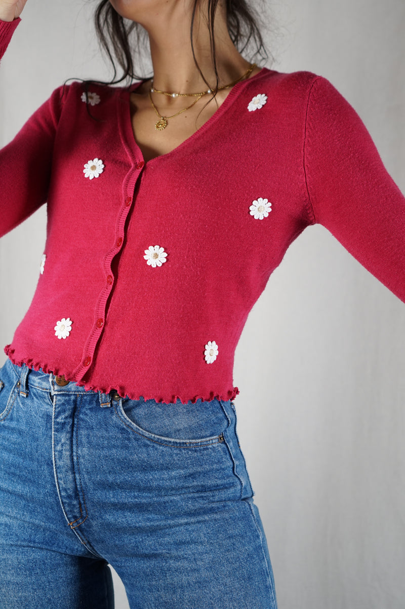 Cardigan Fucshia Upcyclé Fleuri - Pièce Unique faut le voir porté - T. 34 & 36