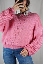 Superbe Pull Rose printanier Vintage tricoté main - T. 38 à 42 - spécial grandes!