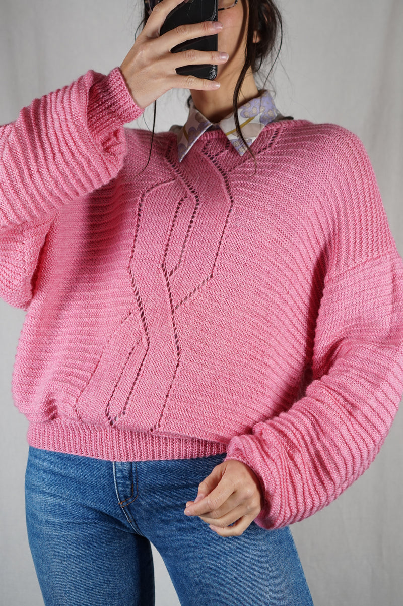 Superbe Pull Rose printanier Vintage tricoté main - T. 38 à 42 - spécial grandes!