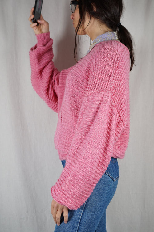Superbe Pull Rose printanier Vintage tricoté main - T. 38 à 42 - spécial grandes!