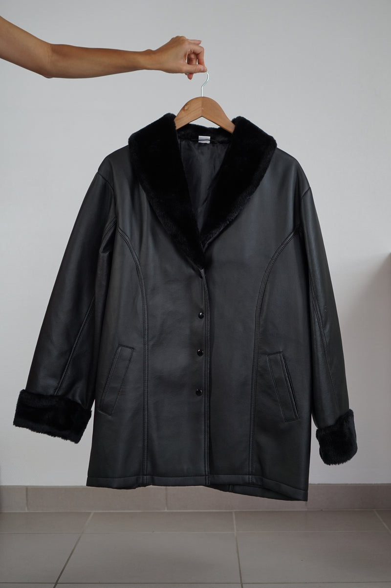 Magnifique Manteau Vintage en Vinyle & Fausse fourrure - T.36/38 à 42