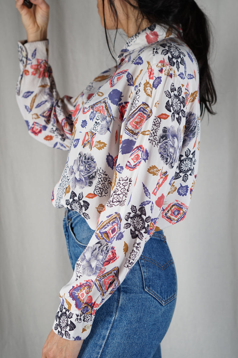 Superbe Chemise Vintage fleurie en viscose - T.38 à 44