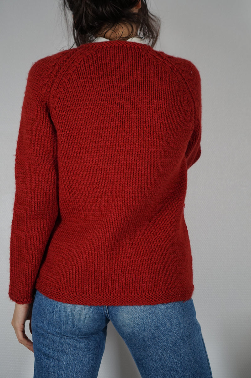 Superbe Pull Vintage Rouge carmin tricoté main - T.36 & 38