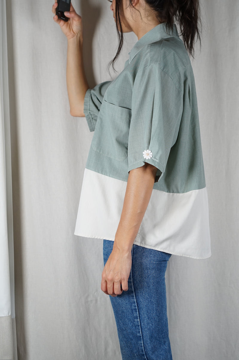 La Chemise Sorbet Vert de gris & Crème - Coton mélangé - Pièce unique faut le voir porté © - T.grand 38 à 42