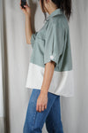 La Chemise Sorbet Vert de gris & Crème - Coton mélangé - Pièce unique faut le voir porté © - T.grand 38 à 42
