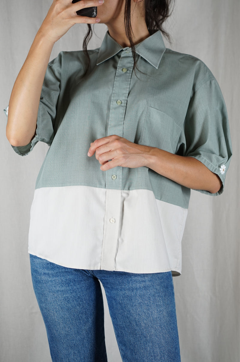La Chemise Sorbet Vert de gris & Crème - Coton mélangé - Pièce unique faut le voir porté © - T.grand 38 à 42