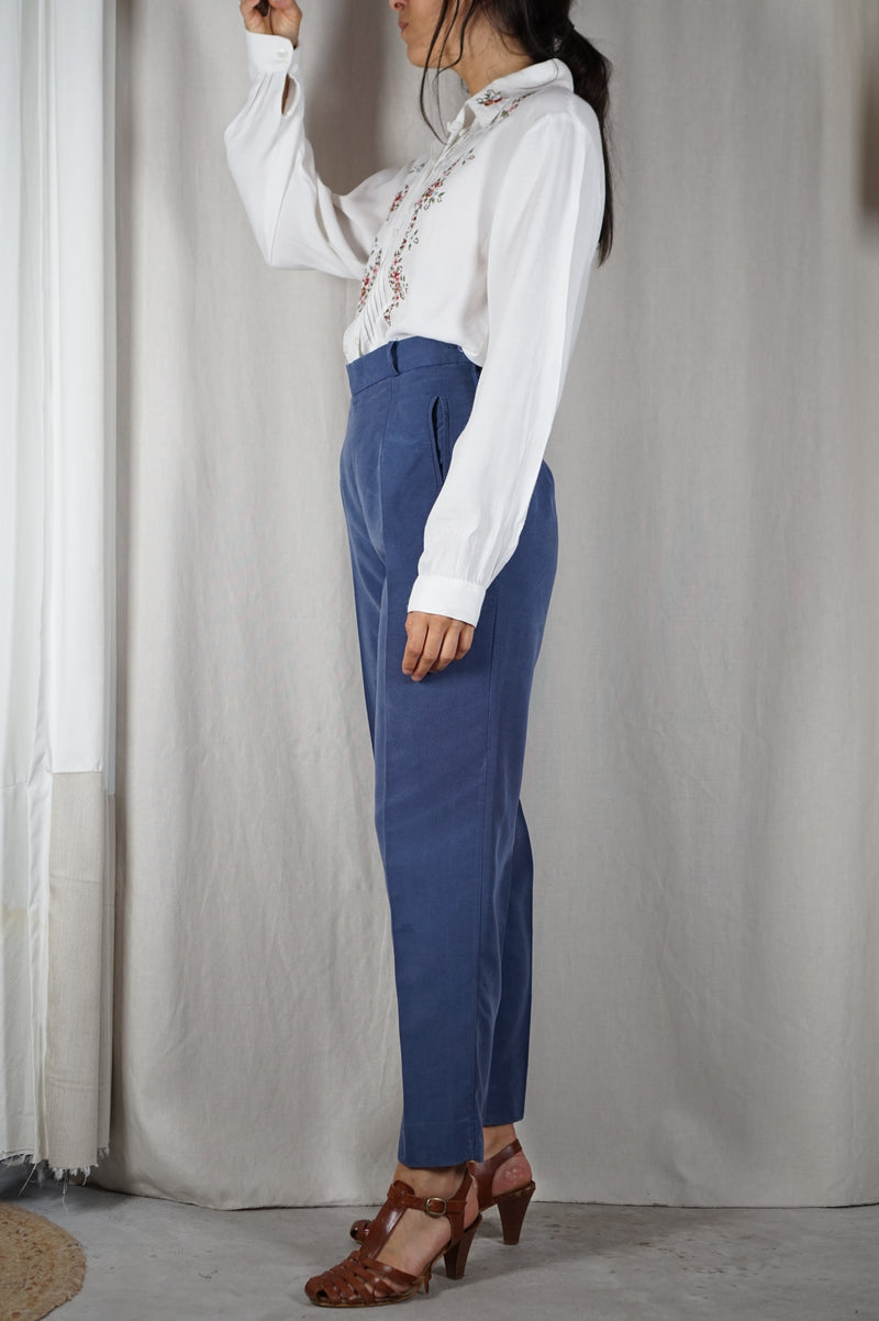 Superbe pantalon Vintage bleu barbeau - Peau-de-pêche & Lin - T. 36