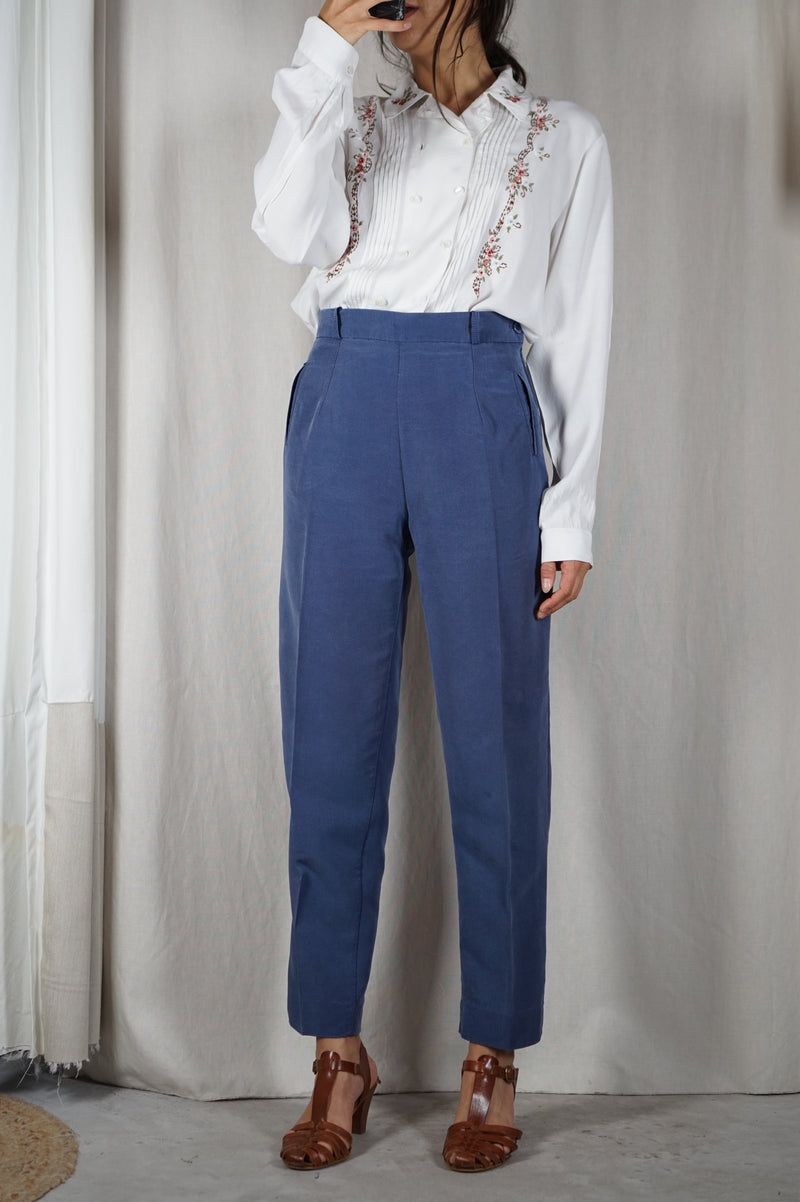 Superbe pantalon Vintage bleu barbeau - Peau-de-pêche & Lin - T. 36
