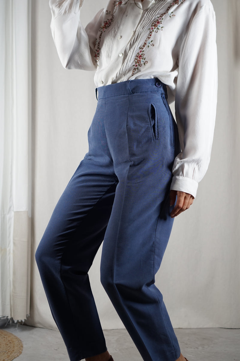 Superbe pantalon Vintage bleu barbeau - Peau-de-pêche & Lin - T. 36