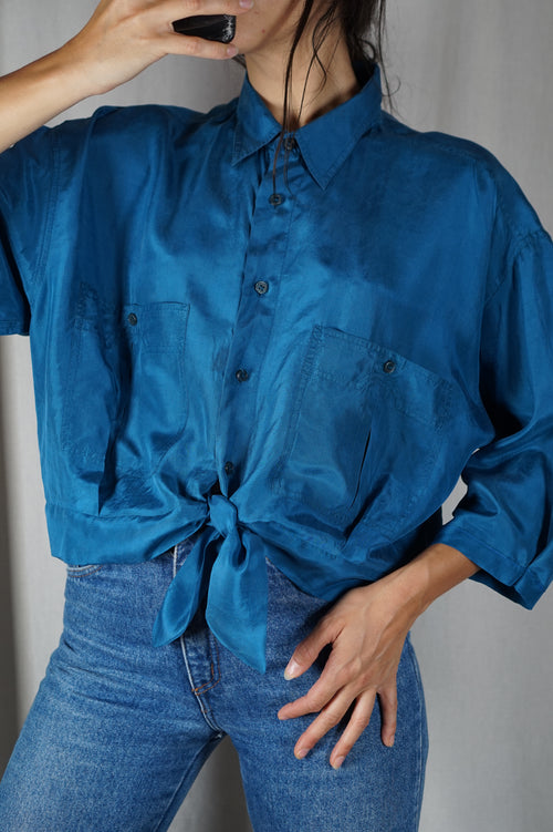 La Chemise Bleu Canard à nouer - Pure Soie - Pièce unique faut le voir porté © - T. 40 & 42