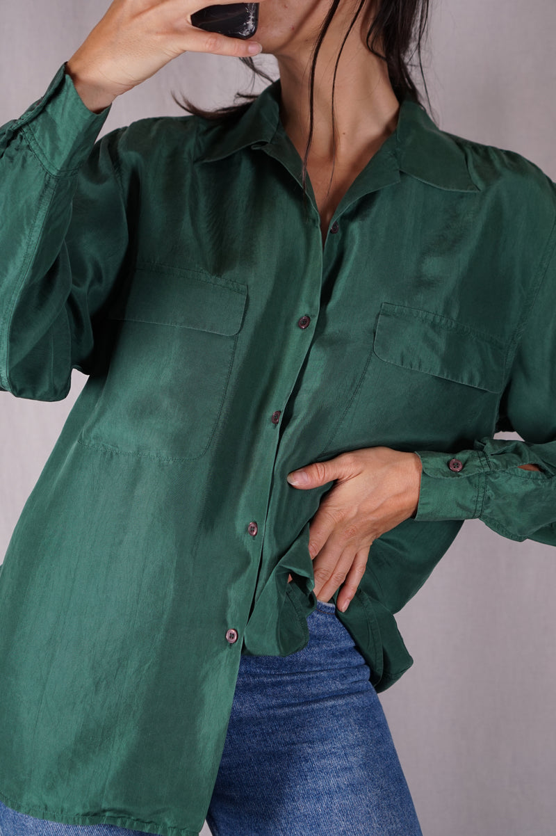 Magnifique Chemise Vintage verte en pure soie - T. 34 à grand 38