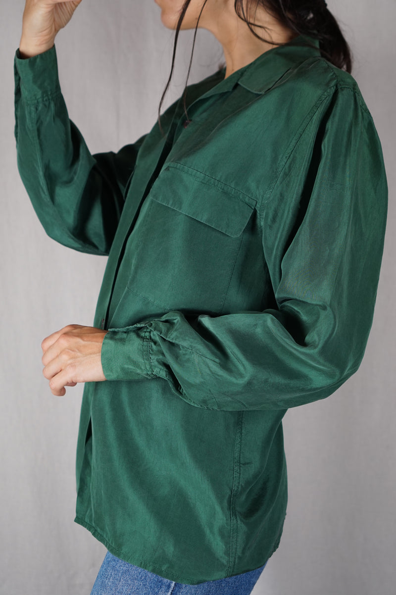Magnifique Chemise Vintage verte en pure soie - T. 34 à grand 38