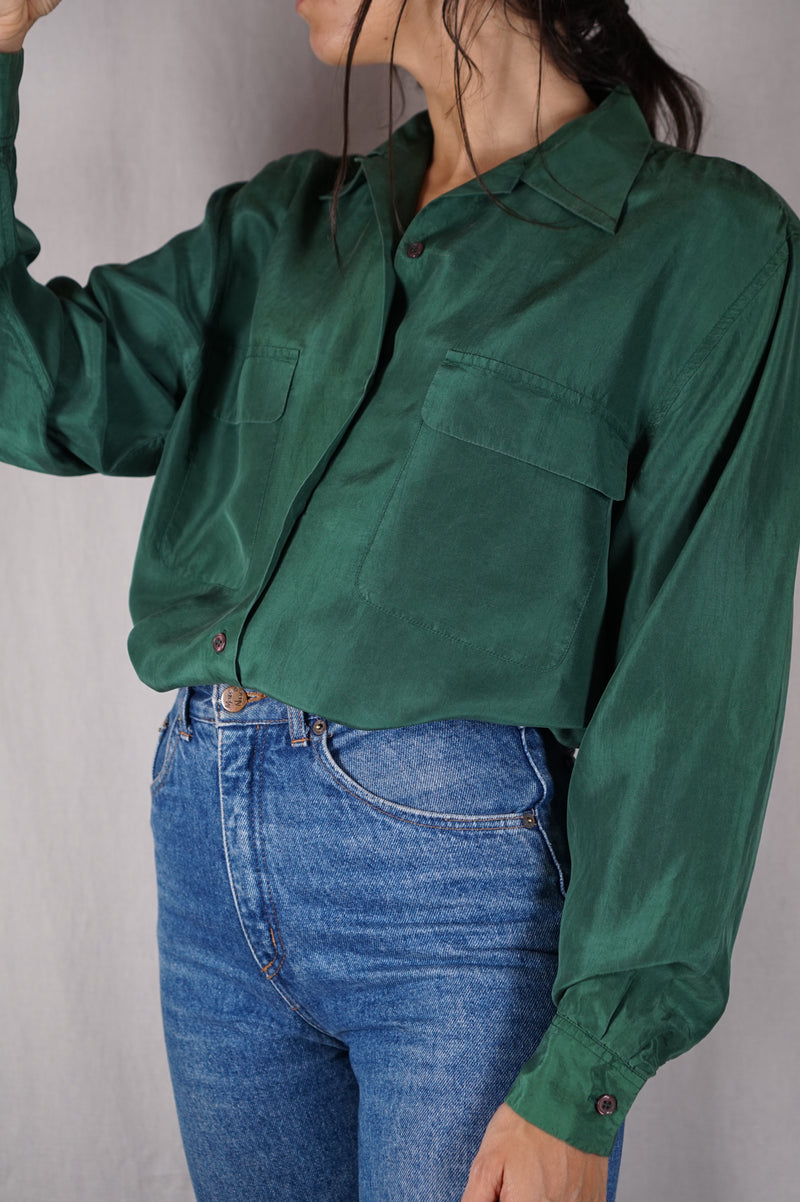 Magnifique Chemise Vintage verte en pure soie - T. 34 à grand 38