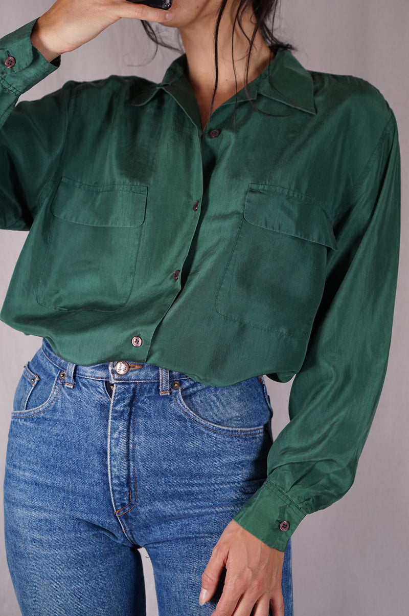Magnifique Chemise Vintage verte en pure soie - T. 34 à grand 38
