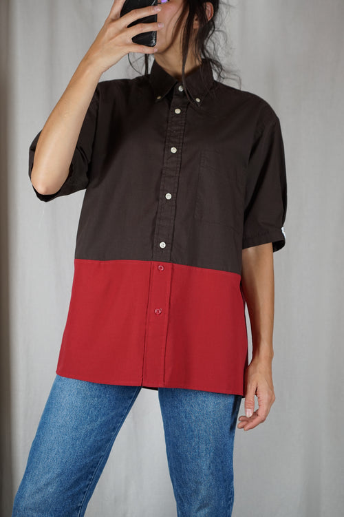 La Chemise Sorbet Chocolat & Rouge Carmin - Coton mélangé - Pièce unique faut le voir porté © - T.grand 34 à 38 - Idéal grandes!