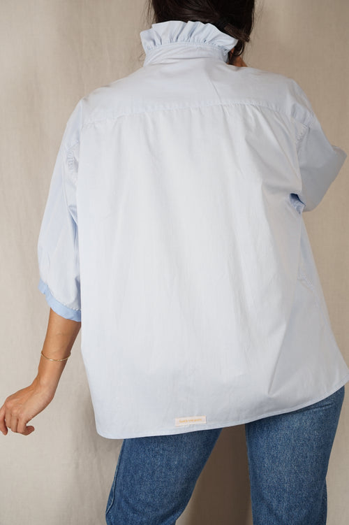 La Chemise Bleu ciel à Collerette - Pur Coton - Pièce unique faut le voir porté © - T. 40 à petit 44 (lire descr)