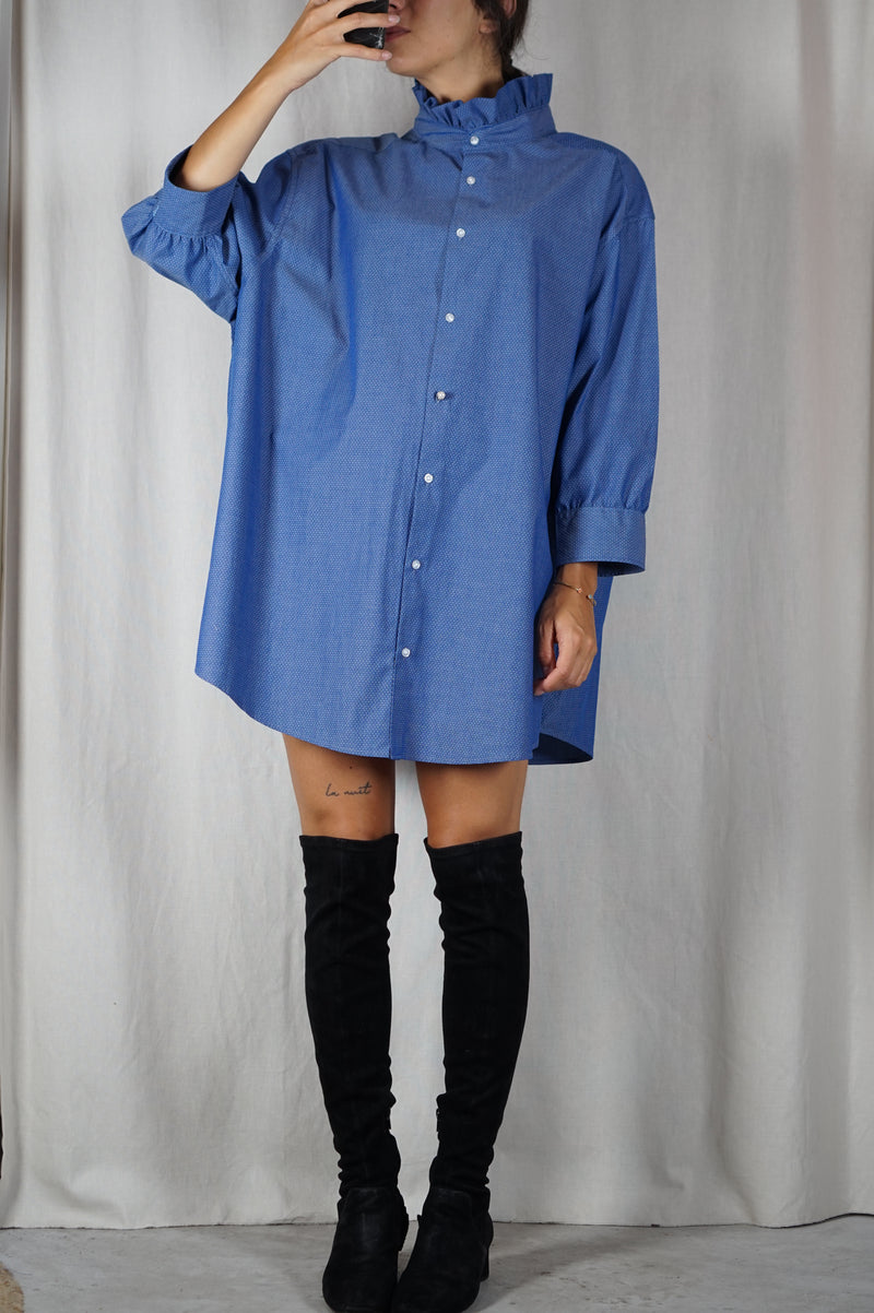La Robe Collerette Bleu Acier en coton - Pièce unique faut le voir porté © - T. 34 à 40 (lire description)