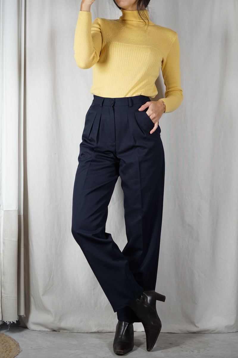 Superbe Pantalon Vintage Bleu marine à pinces - Laine mélangée - T. 34