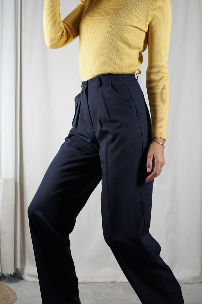 Superbe Pantalon Vintage Bleu marine à pinces - Laine mélangée - T. 34