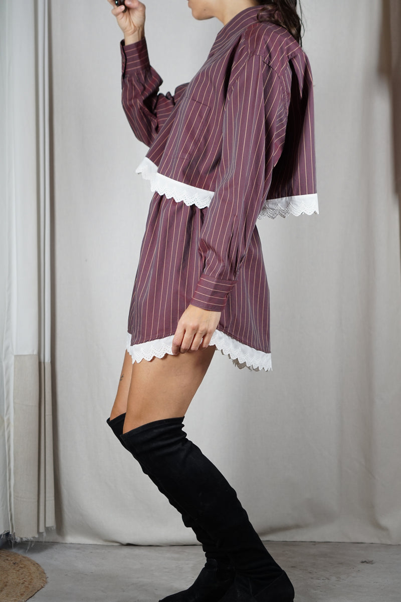 L'Ensemble Chemise Prune Rayé - Pièce unique faut le voir porté © - Coton & Broderie anglaise - T. 38 à petit 42