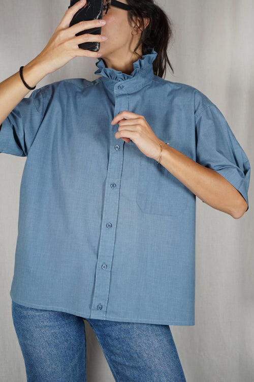 La Chemise Bleu Barbeau à Collerette - Coton mélangé - Pièce unique faut le voir porté © - T. 40 à 44