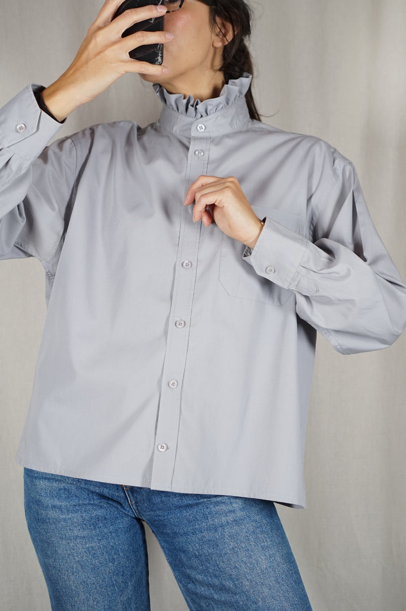 La Chemise Bleu/Gris à Collerette - Coton mélangé - Pièce unique faut le voir porté © - T. 36 à 42
