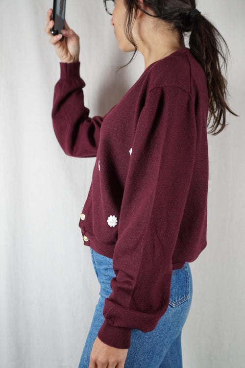 Cardigan couleur prune Upcyclé & Fleuri - Pièce Unique faut le voir porté - T. 36 à 42 (lire descr)