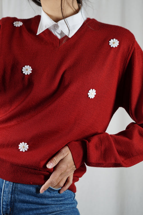 Pull Rouge Carmin Upcyclé Fleuri - Pièce Unique faut le voir porté - Laine - T. 36 à petit 40