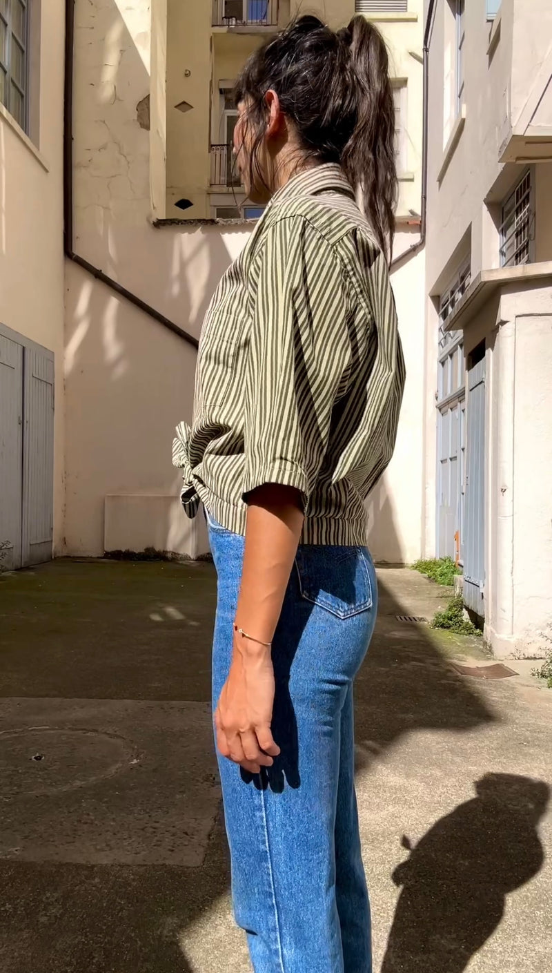 La Chemise Verte rayée à nouer - Coton épais - Pièce unique faut le voir porté © - T. 38 & 40