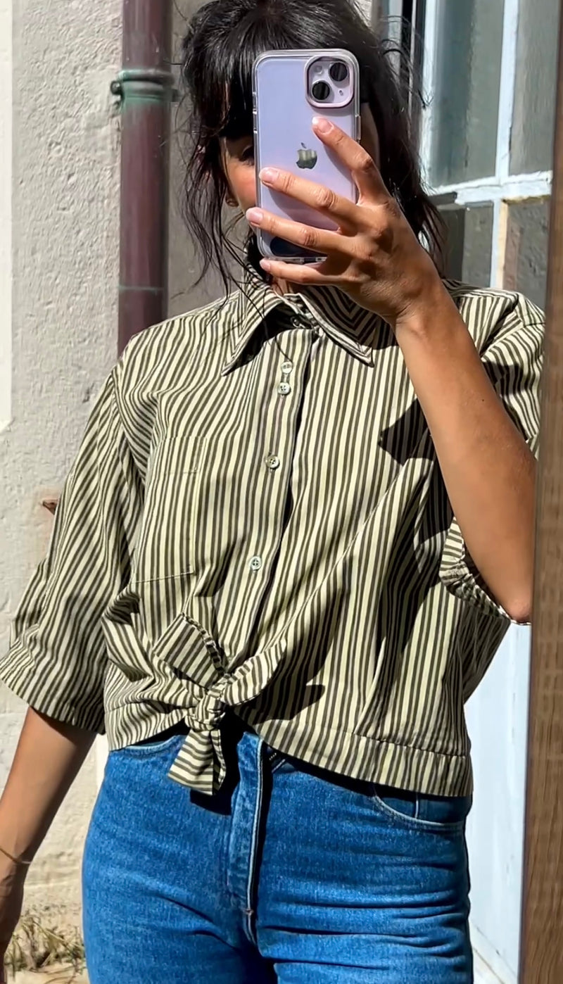 La Chemise Verte rayée à nouer - Coton épais - Pièce unique faut le voir porté © - T. 38 & 40
