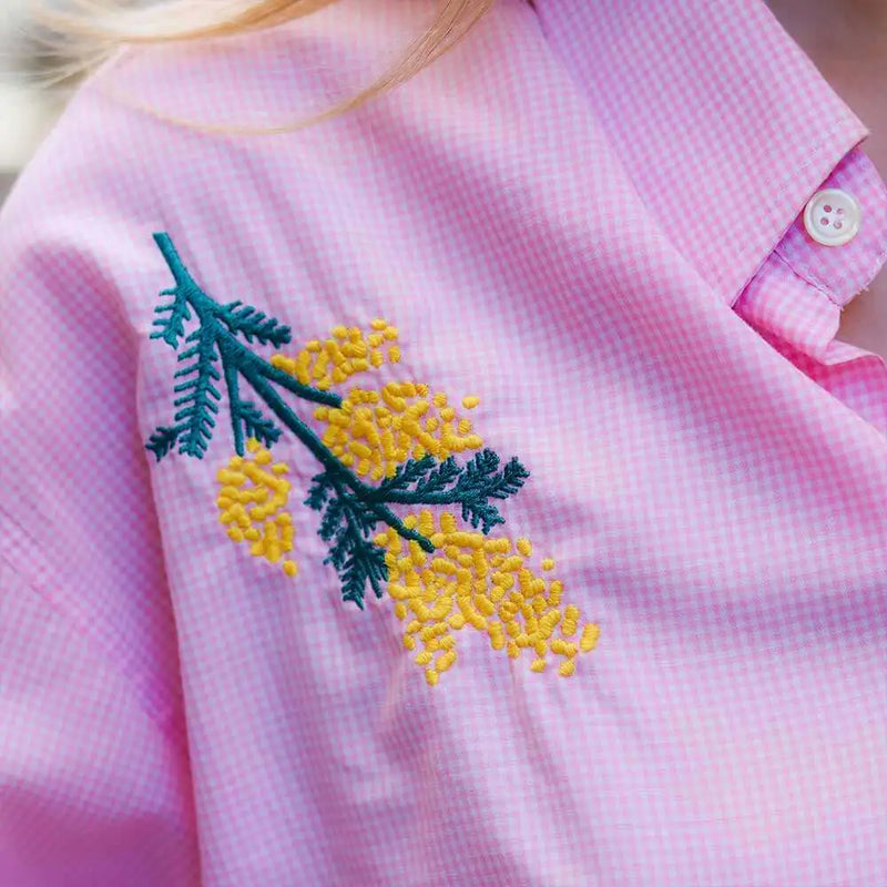 Chemise à carreaux rose brodée Mimosa