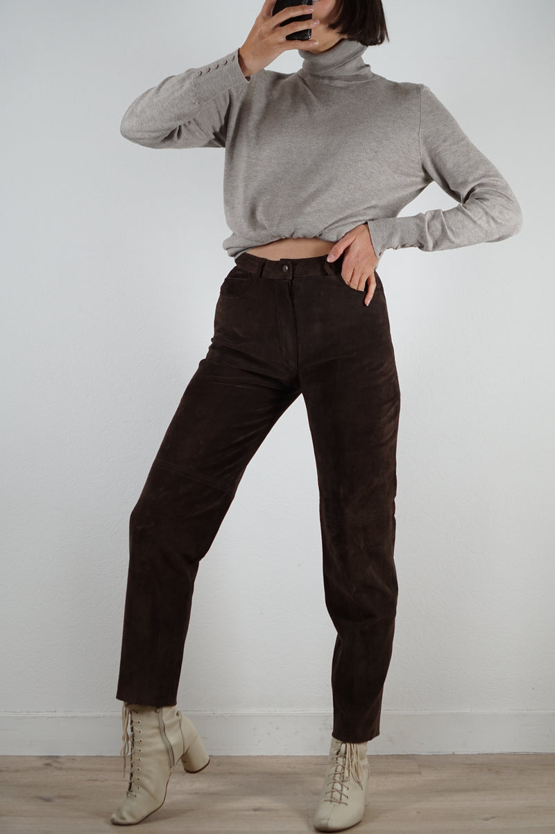 Superbe Pantalon Vintage Taille haute - Croute de cuir véritable - T. 34