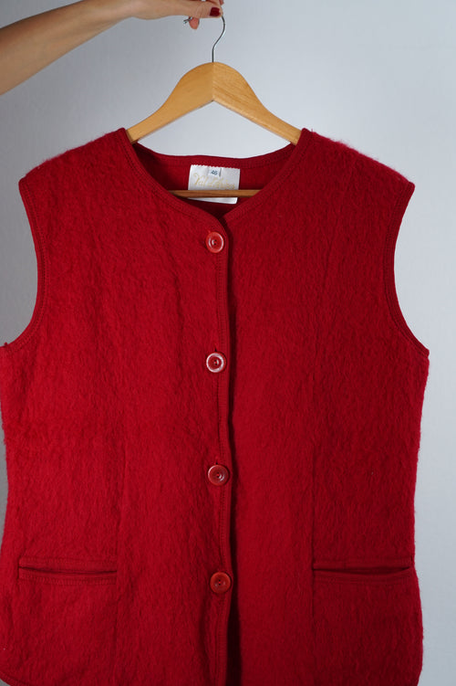 Superbe Veste Rouge Vintage sans manches en laine - T. 40 à 44